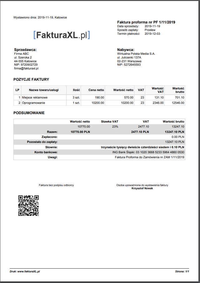faktura proforma wzór
